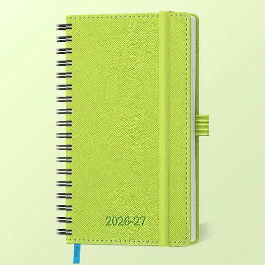 Planner 2026-2027 Daily Weekly and Monthly,6.5"x3.75",18 Months Spiral Bound Calendar Agenda with Self-adhesive Pen Holder,2026 Academic Plan with Vegan Leather Soft Cover,Wasabi Green