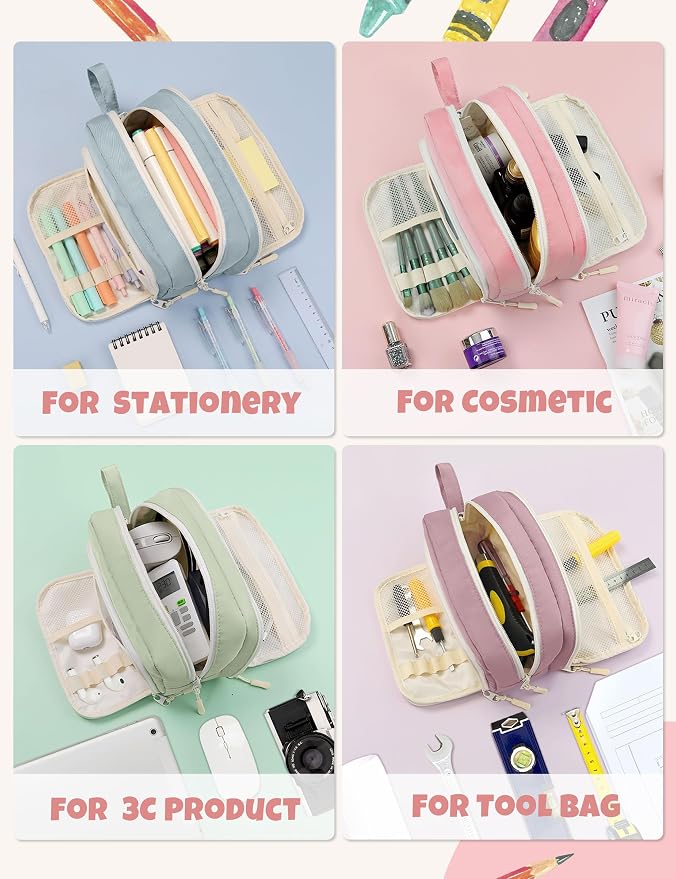 SUNEE Large Pencil Case, Big Capacity Pen Pouch with 3 Compartments, Kawaii Cute Pencil Bag with Zipper, High Storage Stationery Holder and Organizer, School Supplies for Teen and Adult Girls, Pink