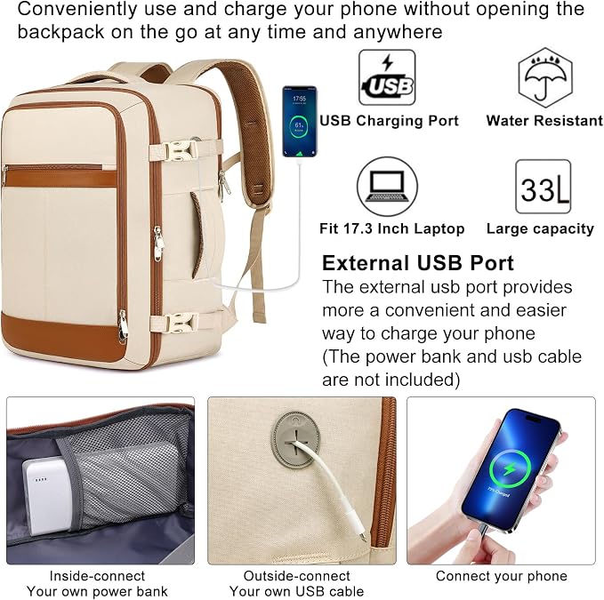 EZUOLA Large Travel Backpack for Women Airline Approved Carry On Backpack with Shoe Pouch,TSA 17.3 inch Laptop Mochila Flight Approved Casual Daypack for Weekender Bookbag Travel Essentials,Beige