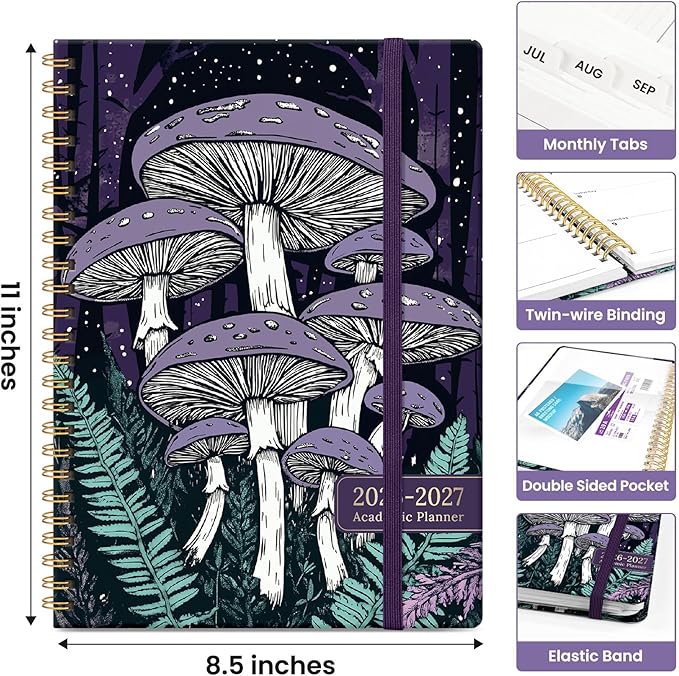 Planner 2026-2027, Academic Monthly and Weekly Calendar Planner for Women, July 2026 - June 2027, Hardcover Pretty Agenda Planner Book with Tabs, Spiral Daily Organizer for School Office Home Supplies, 8.5" x 11" - Enchanted Fungi