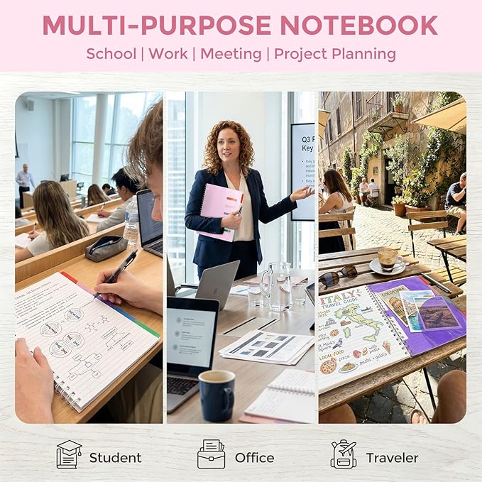 Subject Notebook Wide Ruled, 8.5x11inch Hardcover 5 Subject Lined Spiral Notebook with Dividers Tabs for School Women Journal Note Taking Office Supplies, 220 Pages, Pink