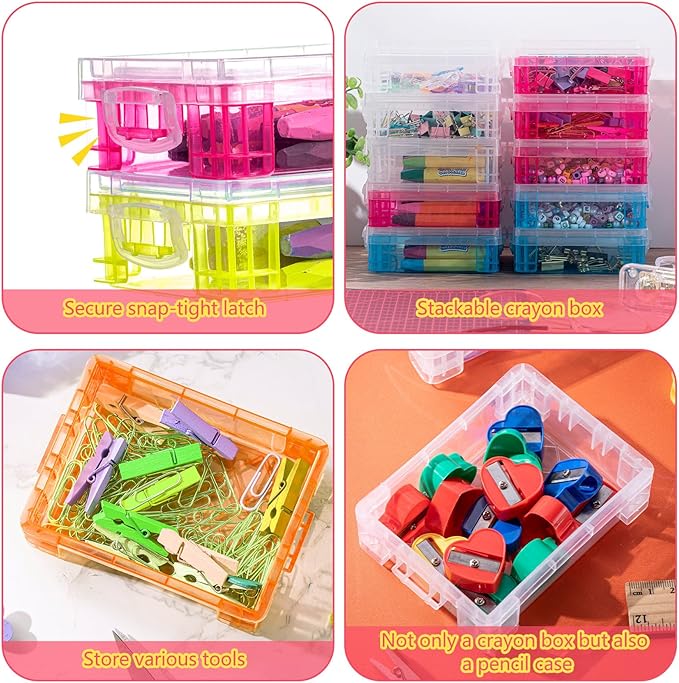 Suzile 25 Pcs Plastic Crayon Boxes with Snap Lids Crayon Storage Organizer Stackable Container Bulk Pencil Case for Pen Crafts Classroom Supplies(Clear, Red, Blue, Green,Orange)