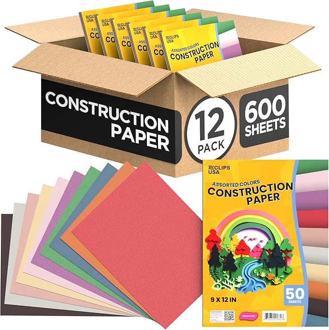 Construction Paper Bulk (600 Sheets) 9 x 12 Construction Paper for Kids Color Art Paper Assorted Colors 50 Sheets Per Pack (12 Pack)