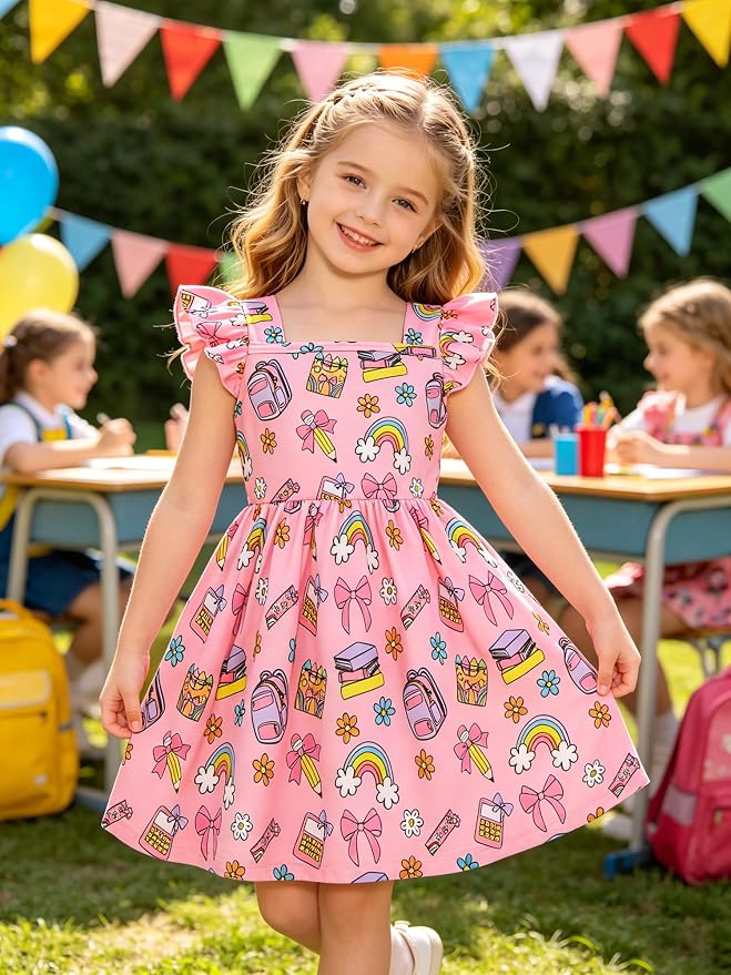 Popshion Girls Dresses Flutter Sleeve Swing Sundress Toddler Summer Clothes Kid Birthday Party Sleeveless Dress 1-8 Years Old