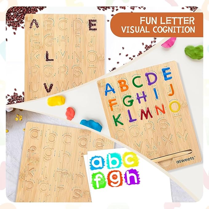 Asweets Montessori Wooden Alphabet Tracing Board, Wood Letter Practicing Board,Double-Sided Boards for Toddlers and Preschool Gifts for Kids(1 Piece) (Pack of 2)