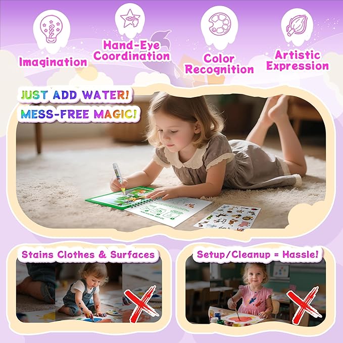 Reusable Water Coloring Books for Toddlers 1-3 with 18+ Stickers & No-Mess Pen, Animal Theme Water Coloring Books for Toddlers 1-3, Magic Paintless Painting Book for Toddler, Paintless Painting Book