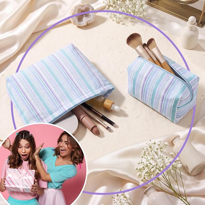 Huhumy 2 Pcs Striped Makeup Bag, Travel Toiletry Bag for Women, Aesthetic Cute Colorful Cosmetic Pouch, Seersucker Storage Organizer for Accessories, Essentials, Toiletries(Cyan Blue Purple)