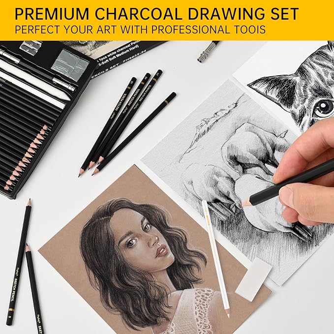 24-Piece Drawing Pencil Set - 14 Graphite Sketch Pencils (14B-4H), 4 Charcoal Pencils, White Charcoal Pencil & Art Supplies, Sketch Pencils for Drawing, Shading, Sketching for Beginners & Artists