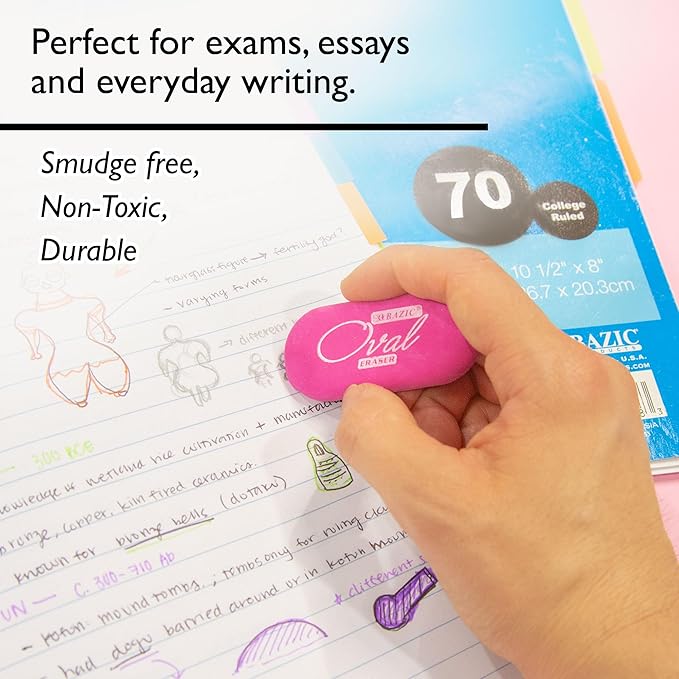BAZIC Products Erasers, Bright Color Oval Eraser (4/Pack) Latex Free, Large Size Block Erasers for Art Drawing School Office Teachers, 2-Packs