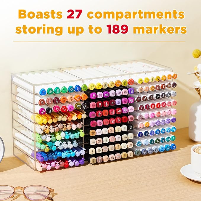 MotiMind Acrylic Marker Organizer for 189 Marker, Large Art Pencil Holder Storage Rack for Desk, Pens Art Brushes Display Stand with 27 Compartments for Desktop, Office (clear, 189 Capacity)
