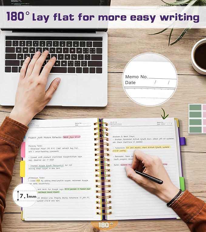 5 Subject Spiral Notebook Journal with Removable Dividers Tabs, 300 Pages Organizer Notebooks for Work School, A5 Hardcover Leather Notebook College Ruled, Lined Journal for Women Men，Purple