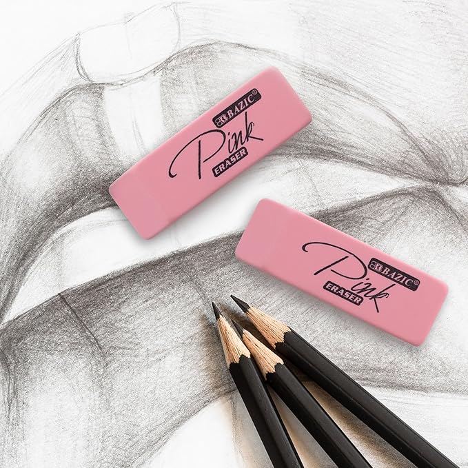 BAZIC Products Pink Eraser, Latex Free Bevel Block Erasers, Large Size for Classroom, Office, and Art Use, Smooth Pencil Correction for Writing, Sketching, & Daily Tasks, 4/Pack, 24-Pack