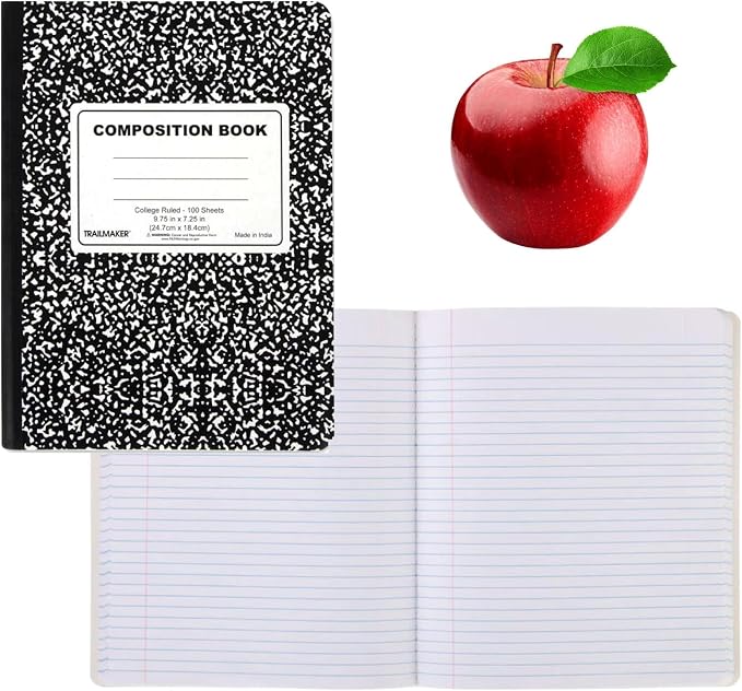 Trail maker 5 Pack Composition Notebooks, College Ruled Marble Cover, 200 Pages (100 Sheets), 9.75 x 7.25, Bulk School Supplies for Classroom, Office & School Donations