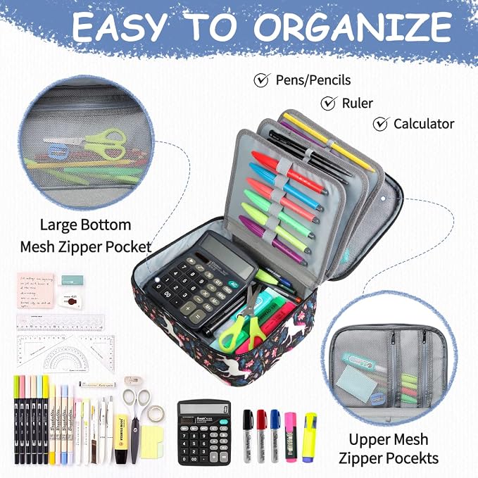 VASCHY Large Pencil Case, Art Color Pencils Pouch with Detachable Layers Multiple Zip Pockets for School Office Stationary Organization Black Unicorn
