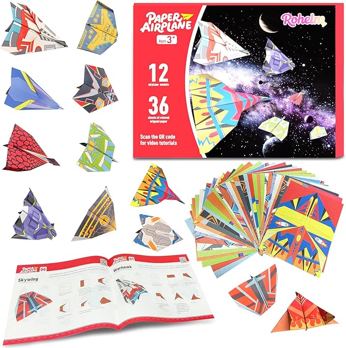 Paper Airplane Kits, Origami Kit for Kids 5-8 8-12, 12 Classic Origami Designs, 36 Sheets of Colorful Origami Paper, Crafts for Kids Activities, Airplane Gifts for Kids Ages 5-12 Boys and Girls