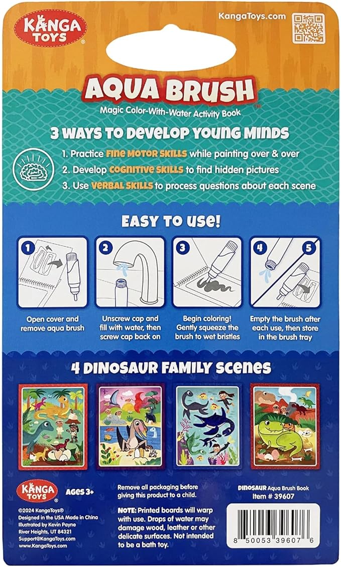 Dinosaur Families Aqua Brush Activity Book - Reusable Water Coloring, Travel-Friendly Fun for Kids