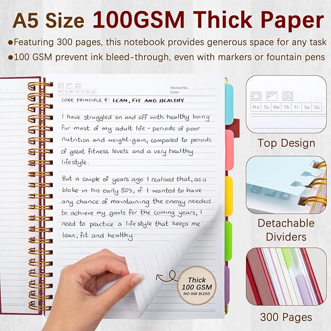 Hardcover Spiral Notebooks for Work 6.2"x 8.2", 300 Pages 5 Subject Notebook with Dividers & Tabs, A5 Spiral Journal for Women, College Ruled Notebook for School Note-Taking (Wine Red)