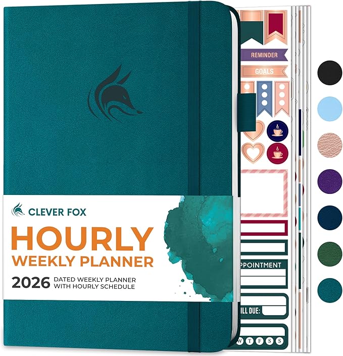 Clever Fox Dated Hourly Weekly Planner 2026 – Daily, Monthly & Yearly Agenda Organizer with Time Slots – Hardcover Journal, A5 Size (Dark Teal)