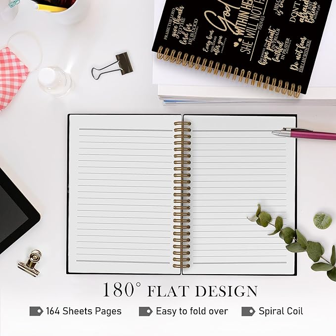 QLMX Black Gold Christian Prayer Spiral Notebook, Inspirational Religious Journal Notebook, Bible Notebooks for School Work, God Is Within Her She Will Not Fall Office Supplies Gifts, 5.5x8.3Inch