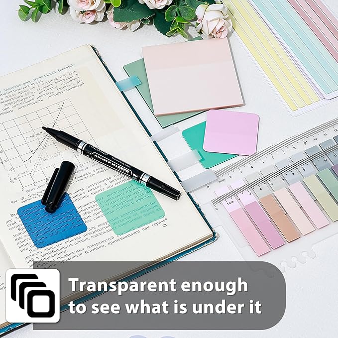 870 Sheets Transparent Sticky Notes, Clear 3 x 3 Square Sticky Notes with Marker, Waterproof Translucent Annotation Index Tabs for Bible Study Journaling Supplies