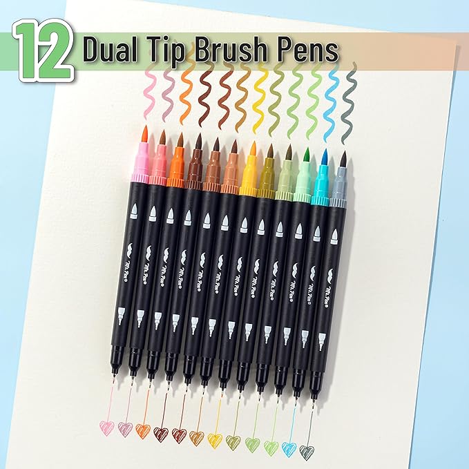 Mr. Pen- Dual Tip Brush Pens, 12 pcs, Assorted Colors, Fine & Brush Tip Markers for Adult Coloring Markers for Adults