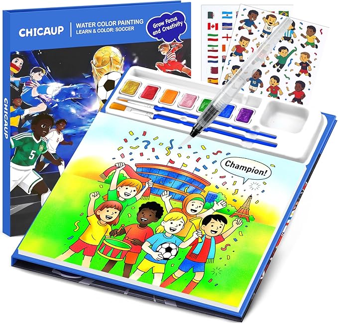 Paint with Water Coloring Books for Kids, Soccer Theme Learn & Color Art Set, Mess Free Watercolor Paint Kit, Painting Activity for Kids Ages 3-5 4-8, Arts and Crafts Drawing Gift Toy for Boy Girl