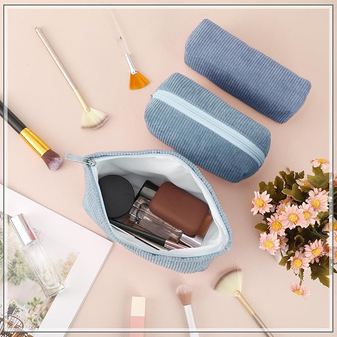 Huhumy 3 Pcs Makeup Bag Set for Women Corduroy Cosmetic Pouch Aesthetic Smile Travel Toiletry Bag Cute Purse Pouch Pencil Case Makeup Brushes Storage Organizer with Zipper(Blue,Gradient)