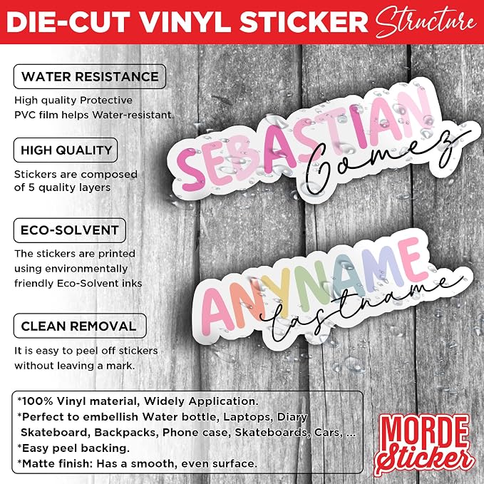 Custom First & Last Name Sticker Personalized Colorful Vinyl Decal | Waterproof Die-Cut Vinyl Sticker for Laptop, Water Bottle, Phone, Notebook, Car & Gifts for Kids.