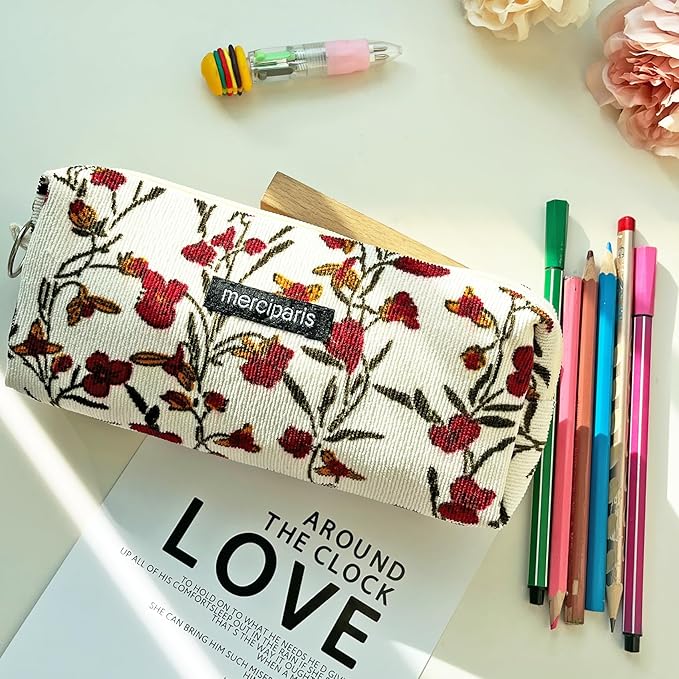 Pencil Pouch Cute Pencil Case Office Storage Bag Holder Box Organizer Aesthetic Bow Flower Pattern Makeup Pouch Cosmetic Bag for Women Girls