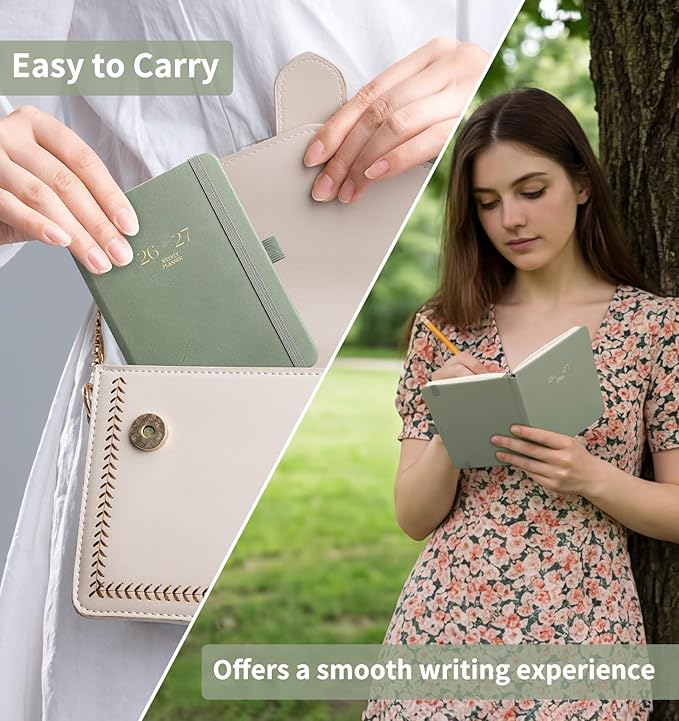 EMSHOI Pocket Calendar 2026-2027, Small Mini Academic Planner Weekly and Monthly, July 2026-June 2027, School Student Teacher Agenda, Leather Hardcover, 100GSM Paper, Tabs, A6 4.3"x6", Light Green