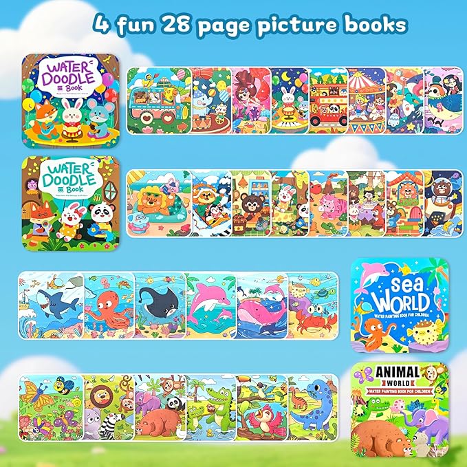 NaTuGi Reusable Magic Water Painting Books for Kids,Watercolor Workbook Coloring Books for Toddler,4 Themes,No Mess Paint Coloring,for Ages 3+ Gift for Boys & Girls Travel Activity Toys (4 Books)
