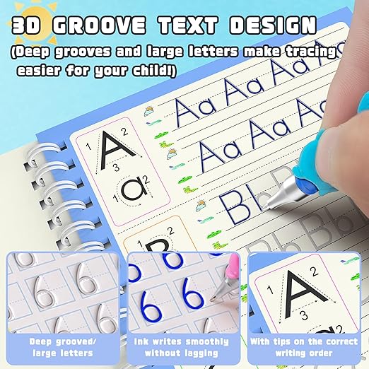 Grooved - 4 children's magic copybooks, Four-in-one pink pencil case set, magic grooved writing practice for kids, magic disappearing writing practice, grooved handwriting practice for kids.