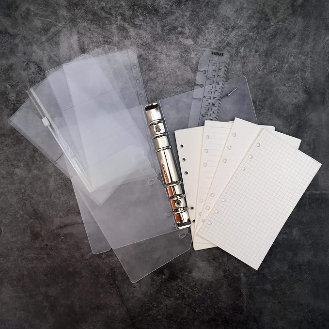 Zelten A6 Ring Binder Cover Set 6 Hole Punched, All-in-One Kit with Refills (Grid/Dot/Blank/Line), Divider & Pockets, 3.7"x6.8"(95x172mm) for Pocket Planner Journal