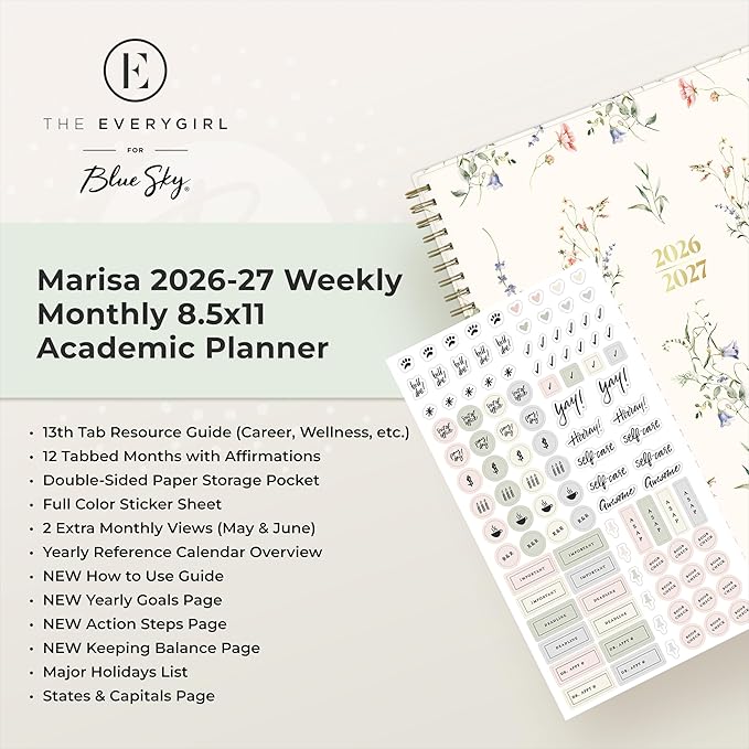 Blue Sky The Everygirl 2026-2027 Weekly and Monthly Academic Year Planner Calendar, July 2026 - June 2027, 8.5" x 11", Flexible Cover, Wirebound, Laminated Tabs, Storage Pocket, Includes Stickers, Marisa