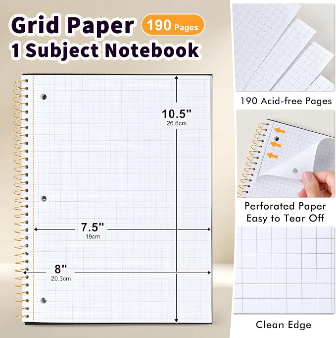 Spiral Notebook Graph Ruled Paper 8" x 10 1/2", 1 Subject Spiral Grid Notebook 3-Hole Punched Perforated Page Ideal for School, Office, Writing, 95 Sheets Lined Journaling Graphing Notebook, Black