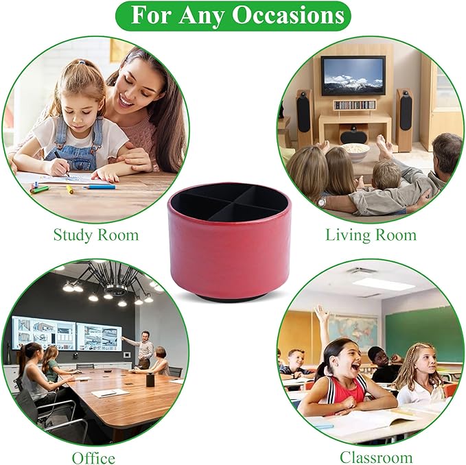 Round Leather Art Supply Organizer,Remote Control Holder,360 Degree Spinning,Multi-Functional Pencil Holder,4 Compartments Desktop Stationary Organizer(1-Oil Red)