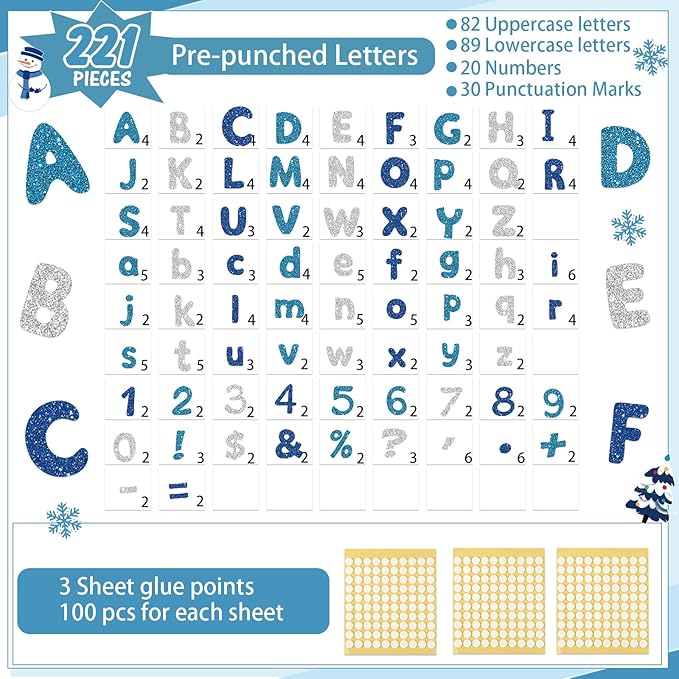 221 Pcs Glitter Blue Bulletin Board Letters, Round Alphabet Number Punctuation Symbol Combo Letter Cutouts, Sparkle Classroom Decoration for Winter School Chalkboard Poster Board