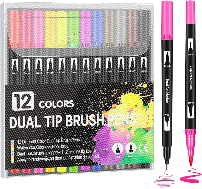 Double Tip Brush Pens Art Markers - 12 Vibrant Colors, Fine & Brush Tips for Coloring, Calligraphy, Journaling, Drawing, and Crafting - Non-Toxic, Water-Based Ink - Perfect for Kids & Adults