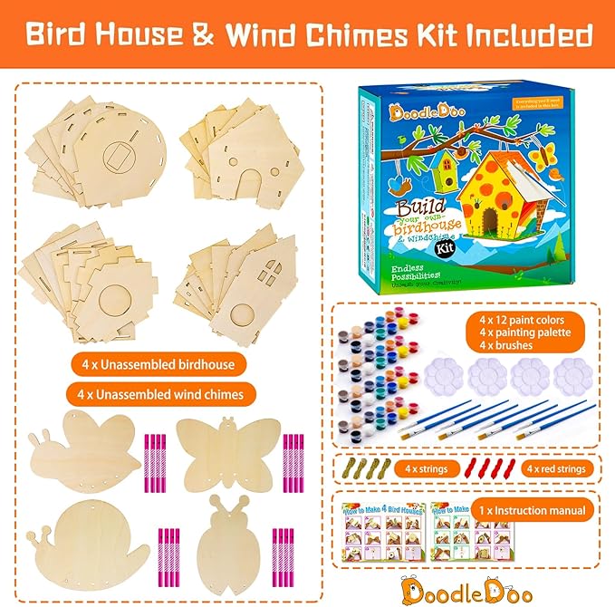 DoodleDoo 8 Pack Bird House & Wind Chime Kits, Buildable Birdhouse DIY Crafts for Kids Ages 4-8 8-12, 3+ Summer Arts and Craft for Children Boy Girl to Build, Valentine's Day Gift
