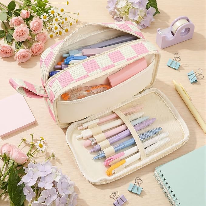 Large Pencil Pouch for Girls,Cute Corduroy Pencil Case Pouch Aesthetic Soft Pencil Bag for School, Zippered Pencil Organizer School Supplies for Teen Girls Women Gift (Pink Check)
