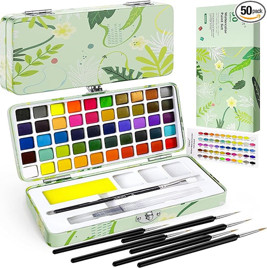 Caliart Watercolor Paint Set, 50 Colors Portable Water Color Palette Kit with Detail Paint Brush, Art Supplies Gifts for Adult Professional Artist Painting Coloring