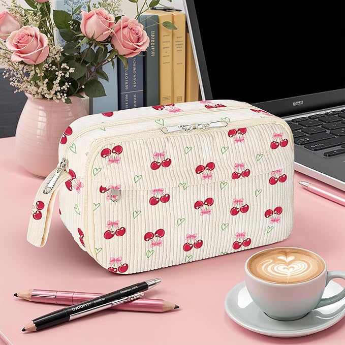 WOBAGMEN Cute Pencil Case,Large Corduroy Zippered Pencil Case Pouch, aesthetic Pencil Bag with Compartments, Pencil Pouch School Supplies (HY-corduroy pc-cherry)