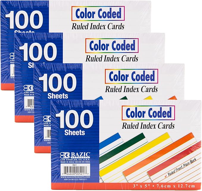 BAZIC Products Ruled Color Coded Index Card 3" X 5", Ruled Lined Card for Learning Memory Reminder, 400 Count