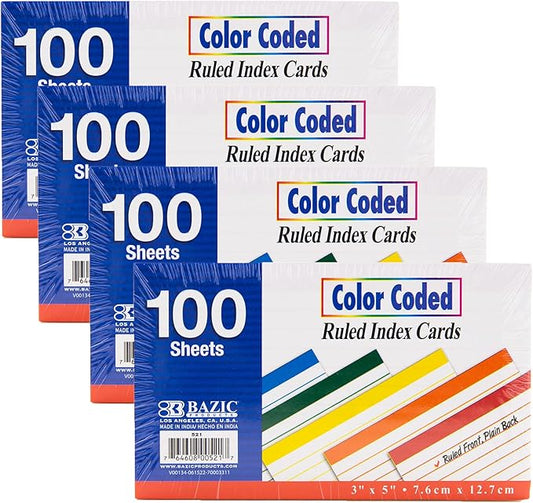 BAZIC Products Ruled Color Coded Index Card 3" X 5", Ruled Lined Card for Learning Memory Reminder, 400 Count