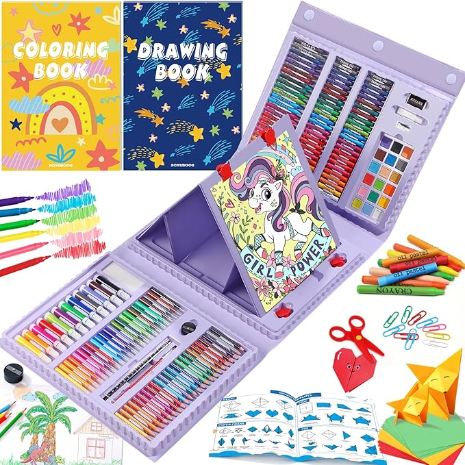 All in One Art Supplies, Art Kit Includes Origami & Paper-Cutting Crafts, Easel, Colored Pencils, Crayons, Drawing Book, Coloring Book, Watercolor Markers and More, Art Set for Kids Girls Boys, Purple