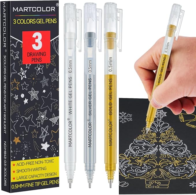 MARTCOLOR Gold Silver White Gel Pens, 0.5mm Extra Fine Point Opaque Archival Ink Pen for Black Paper Drawing, Art Highlight, Illustration, Bullet Journaling, Card Making & DIY Projects, 3 Pack