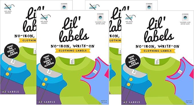 Clothing Labels, Write On Name, No Iron, Washer and Dryer Safe, Kids Label for Daycare and School, Made in USA (Set of 4)