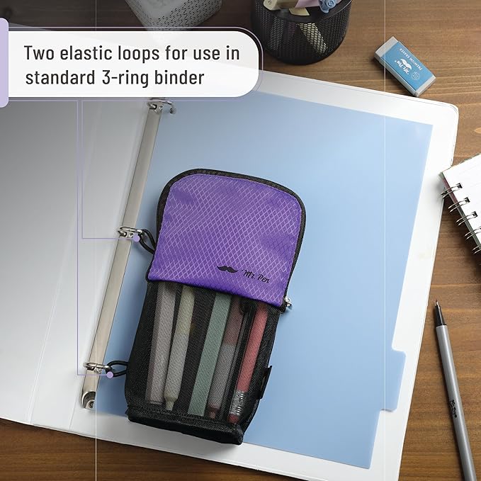 Mr. Pen- Standing Pencil Case Pouch, Sit & Lay Mesh-View Design, Black & Purple, Interior Pocket & 2 Elastic Binder Loops, Cute Pencil Case for Girls and Boys