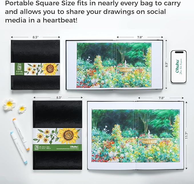 Ohuhu Sketchbook Marker Paper Pad: 2 Pack 8.3"x8.3"&8.3"x11.7" Art Sketch Book Drawing Papers Each Size Holds 78 Sheets/156 Pages 120 lb/200 gsm Hardcover Sketching Books Christmas Gift