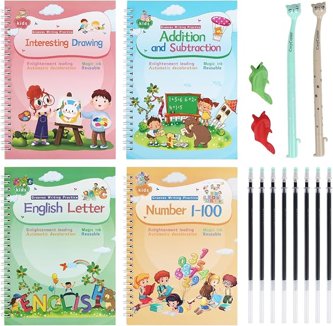 ASIGN Magic Ink Copybooks for Kids Reusable Handwriting Workbooks for Preschools Grooves Template Design and Handwriting Aid (4)